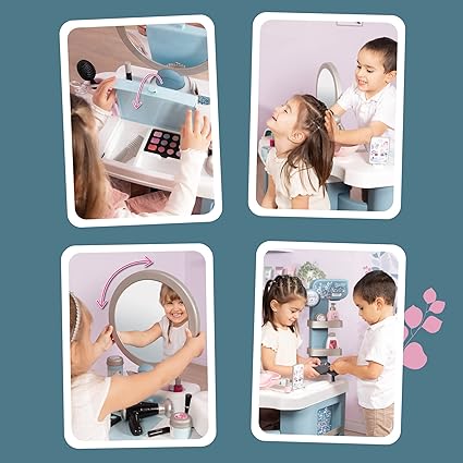 Smoby My Beauty Pretend Play Roleplay Salon with Stool and Mirror, Vanity Station with Lights and Sounds Includes 32 Accessories and Foldable For Storage, For Children From 3+