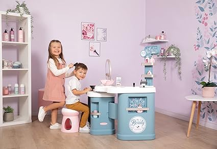 Smoby My Beauty Pretend Play Roleplay Salon with Stool and Mirror, Vanity Station with Lights and Sounds Includes 32 Accessories and Foldable For Storage, For Children From 3+