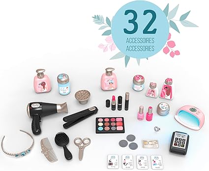 Smoby My Beauty Pretend Play Roleplay Salon with Stool and Mirror, Vanity Station with Lights and Sounds Includes 32 Accessories and Foldable For Storage, For Children From 3+