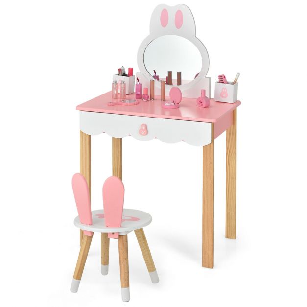 Kids Vanity Table and Chair Pretend Play with Mirror and Drawers