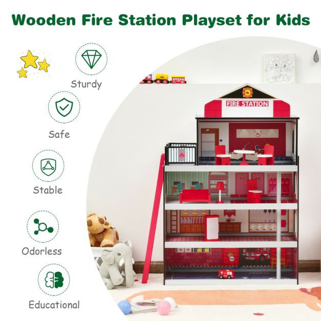 Children's Wooden Fire Station Playset with Truck & Helicopter