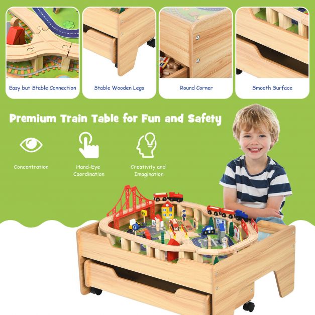 100 Pcs Kid's Wooden Train Railway Track Set Table