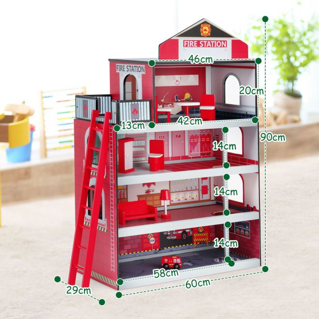 Children's Wooden Fire Station Playset with Truck & Helicopter