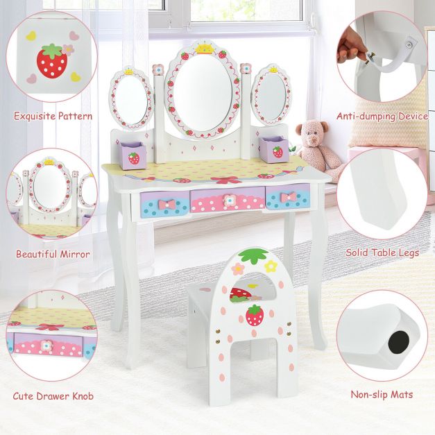 Children's Dressing Table and Chair Set with 3 Mirrors and 3 Drawers