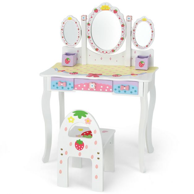 Children's Dressing Table and Chair Set with 3 Mirrors and 3 Drawers