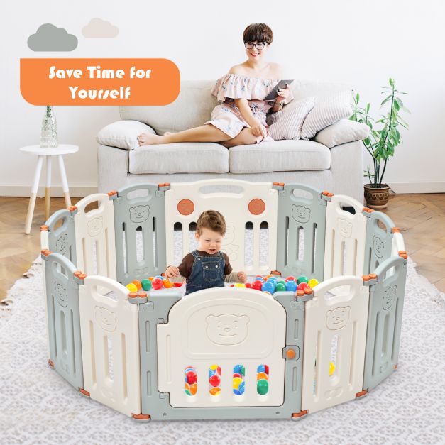 14-Panel Folding Baby Playpen with Lockable Gate and Non-Slip Bases