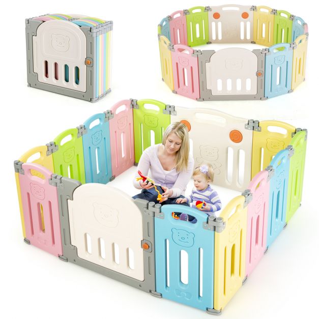 14-Panel Folding Baby Playpen with Lockable Gate and Non-Slip Bases