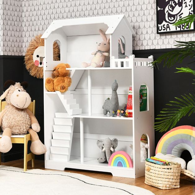 3-Tier Wooden Dollhouse Bookcase for Playroom Bedroom