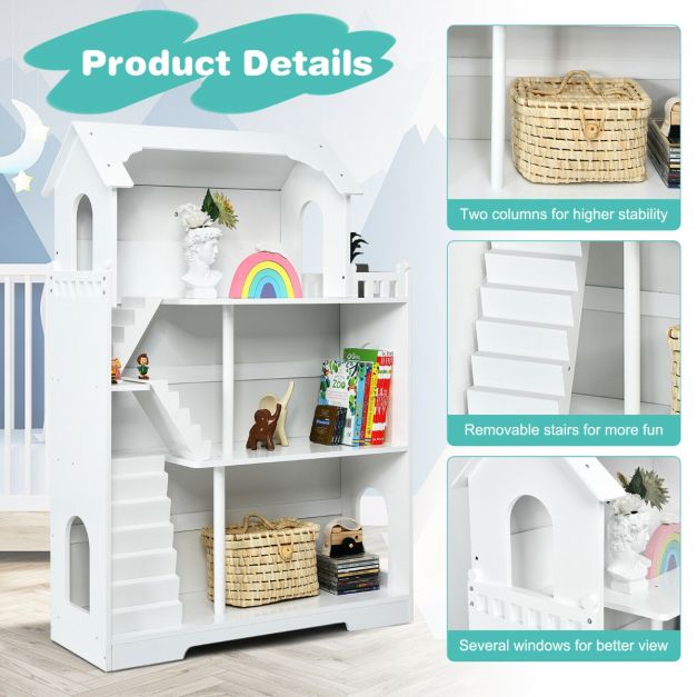 3-Tier Wooden Dollhouse Bookcase for Playroom Bedroom