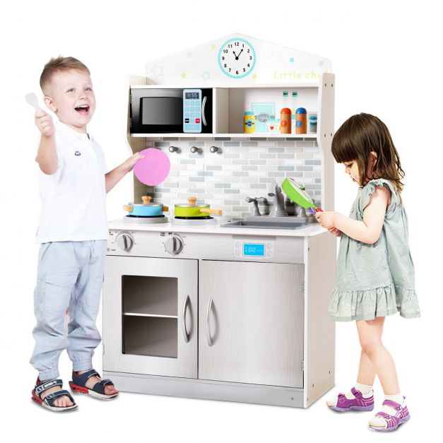 Wooden Play Kitchen with Utensil Set